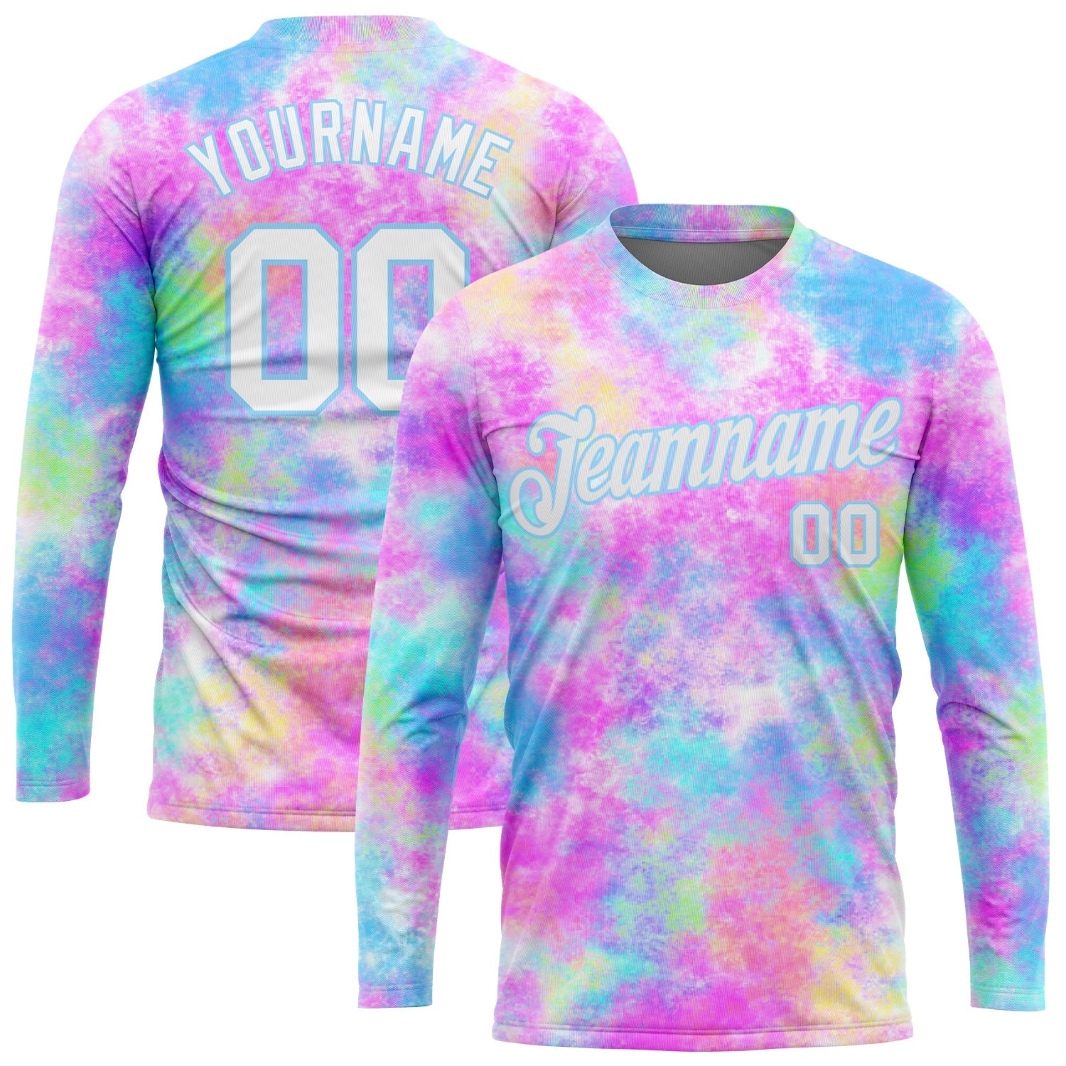 Custom Tie Dye White-Light Blue Watercolor Gradient 3D Long Sleeve Performance T-Shirt - Main View