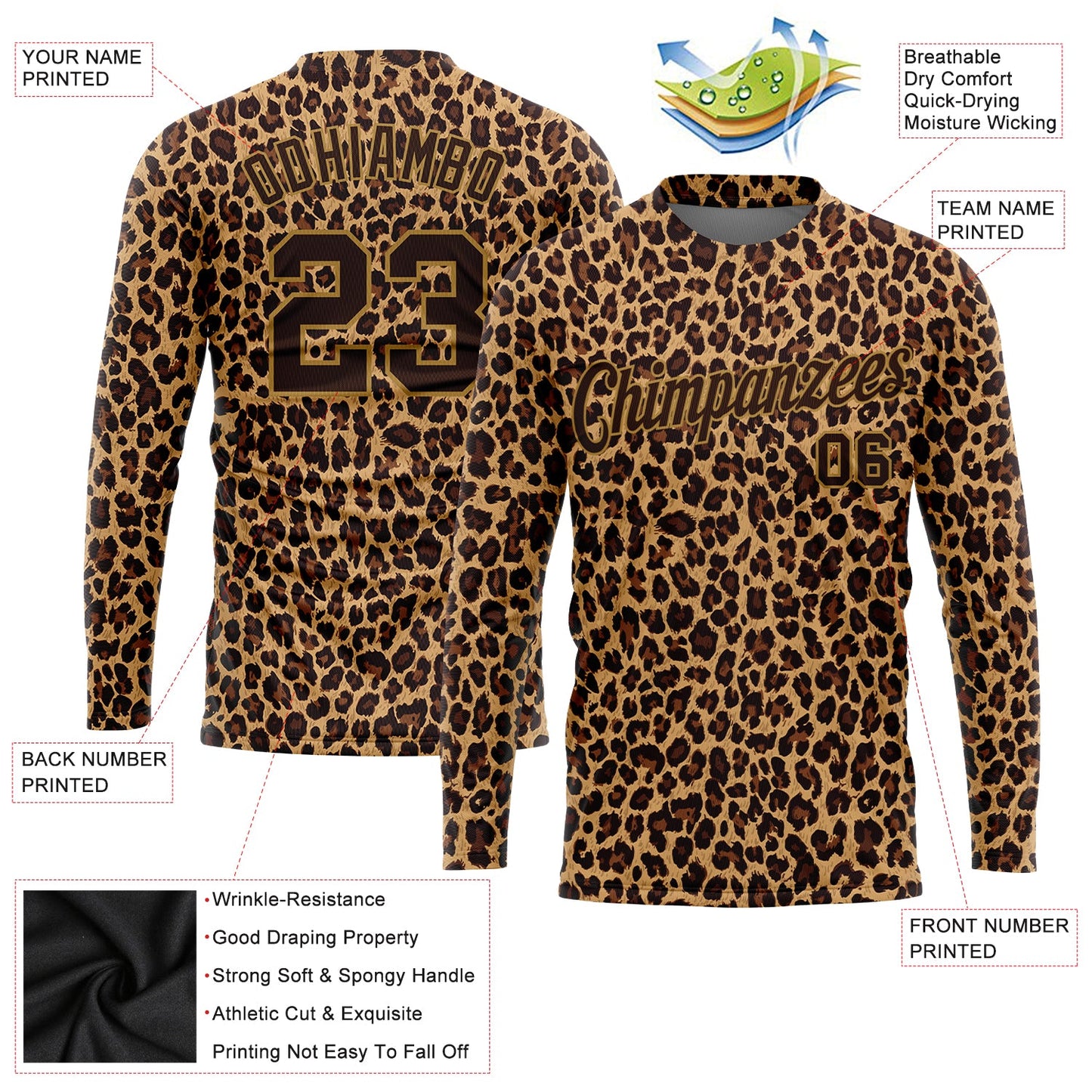 Custom Brown Brown-Old Gold Leopard 3D Pattern Long Sleeve Performance T-Shirt view 2