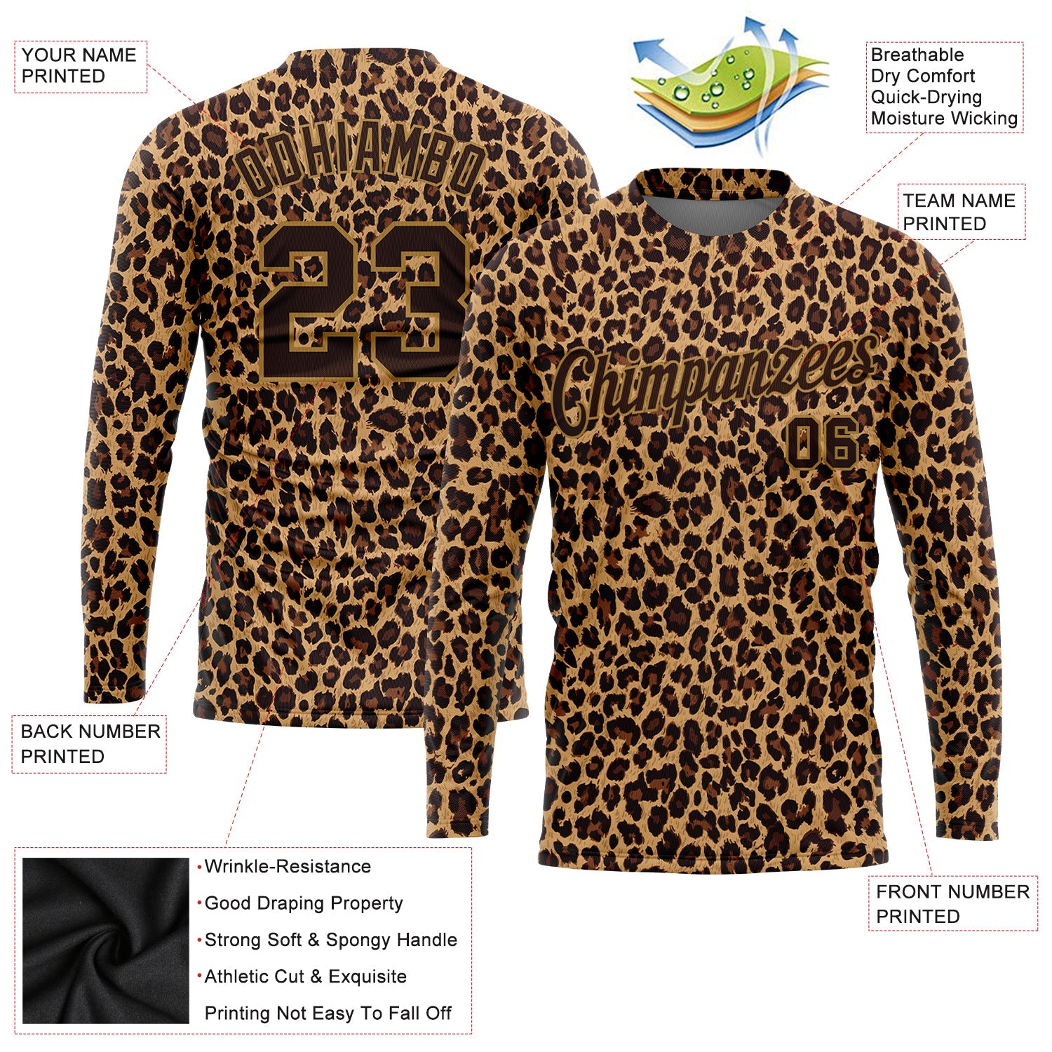 Custom Brown Brown-Old Gold Leopard 3D Pattern Long Sleeve Performance T-Shirt view 2