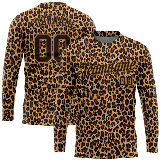 Custom Brown Brown-Old Gold Leopard 3D Pattern Long Sleeve Performance T-Shirt - Main View