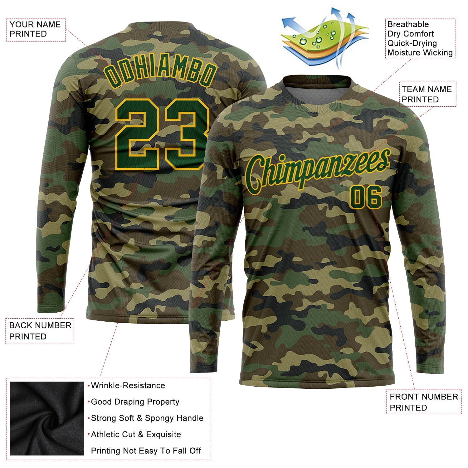 Custom Camo Green-Gold Salute To Service Long Sleeve Performance T-Shirt view 2