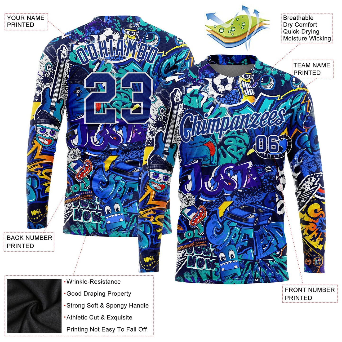 Custom Graffiti Pattern Royal-White Abstract Urban Street Art 3D Long Sleeve Performance T-Shirt view 2