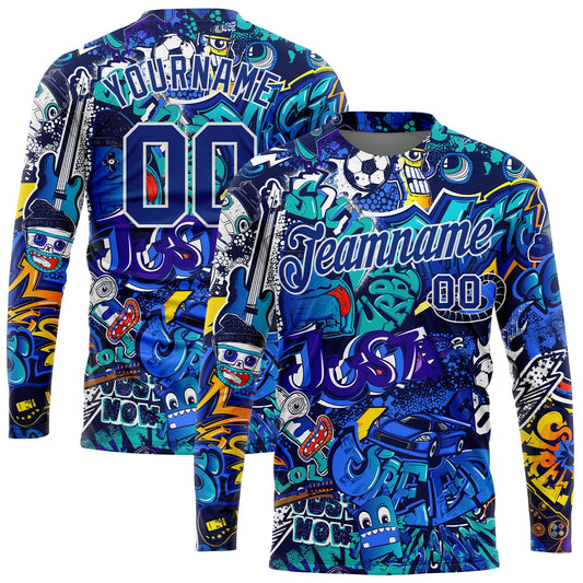 Custom Graffiti Pattern Royal-White Abstract Urban Street Art 3D Long Sleeve Performance T-Shirt - Main View