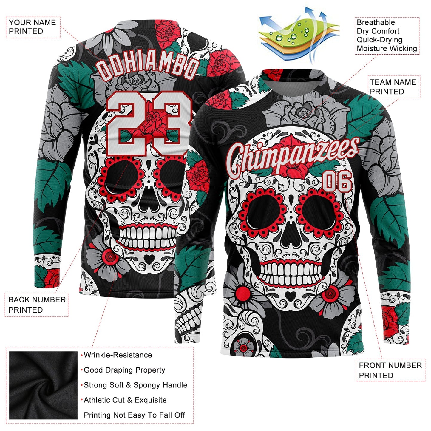 Custom Graffiti Pattern White-Red Skull Fashion 3D Long Sleeve Performance T-Shirt view 2