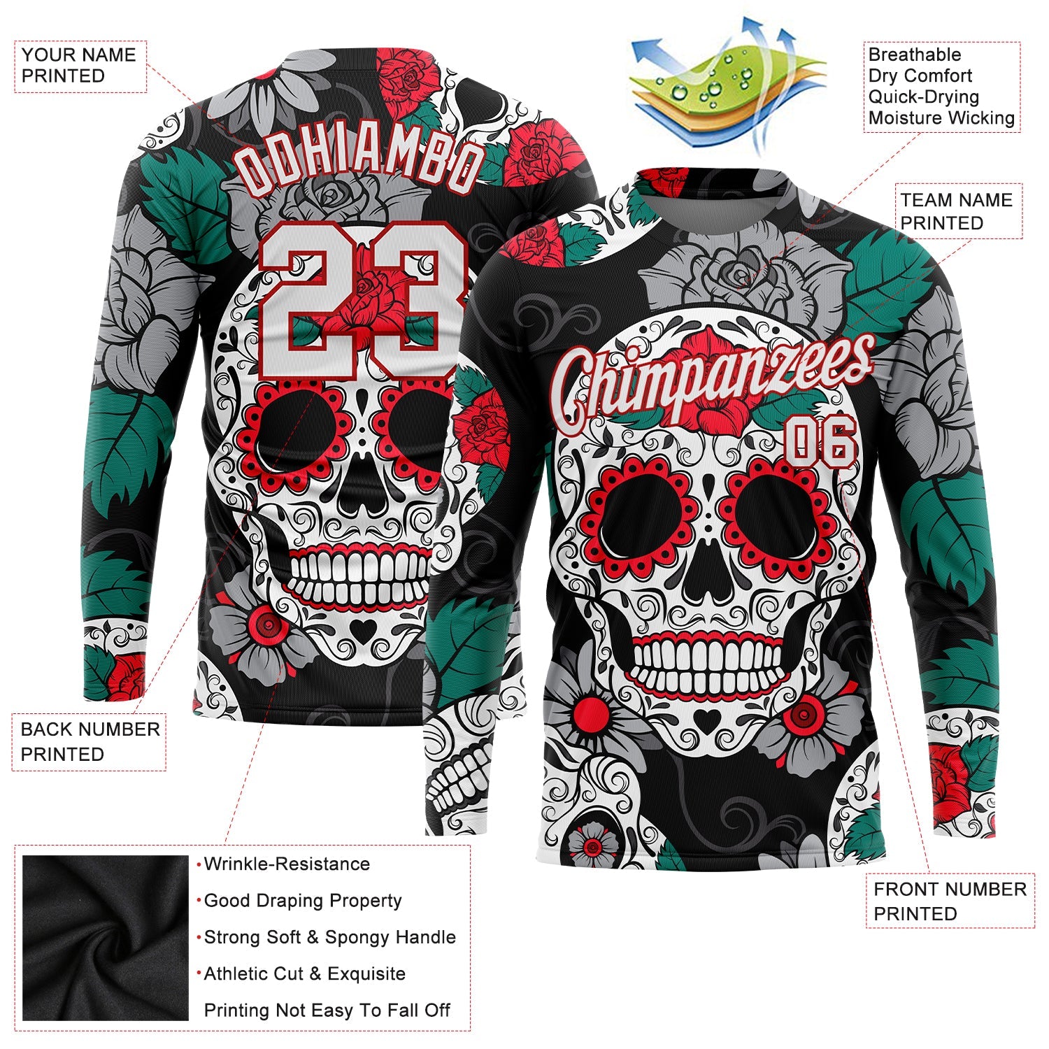 Custom Graffiti Pattern White-Red Skull Fashion 3D Long Sleeve Performance T-Shirt view 2