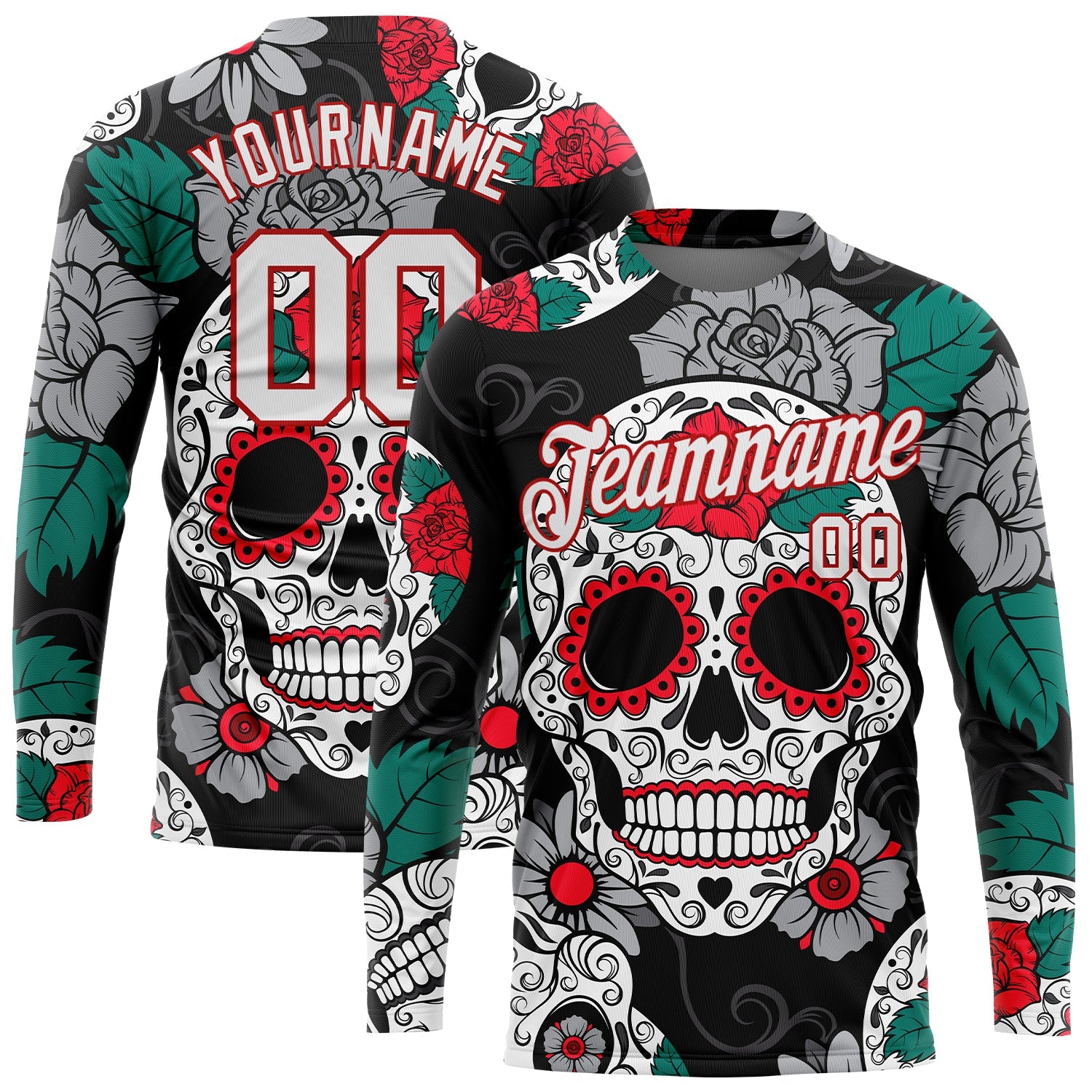 Custom Graffiti Pattern White-Red Skull Fashion 3D Long Sleeve Performance T-Shirt - Main View