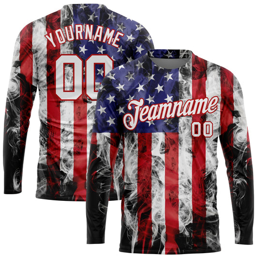 Custom White White Red-Royal American Flag Fashion 3D Long Sleeve Performance T-Shirt - Main View