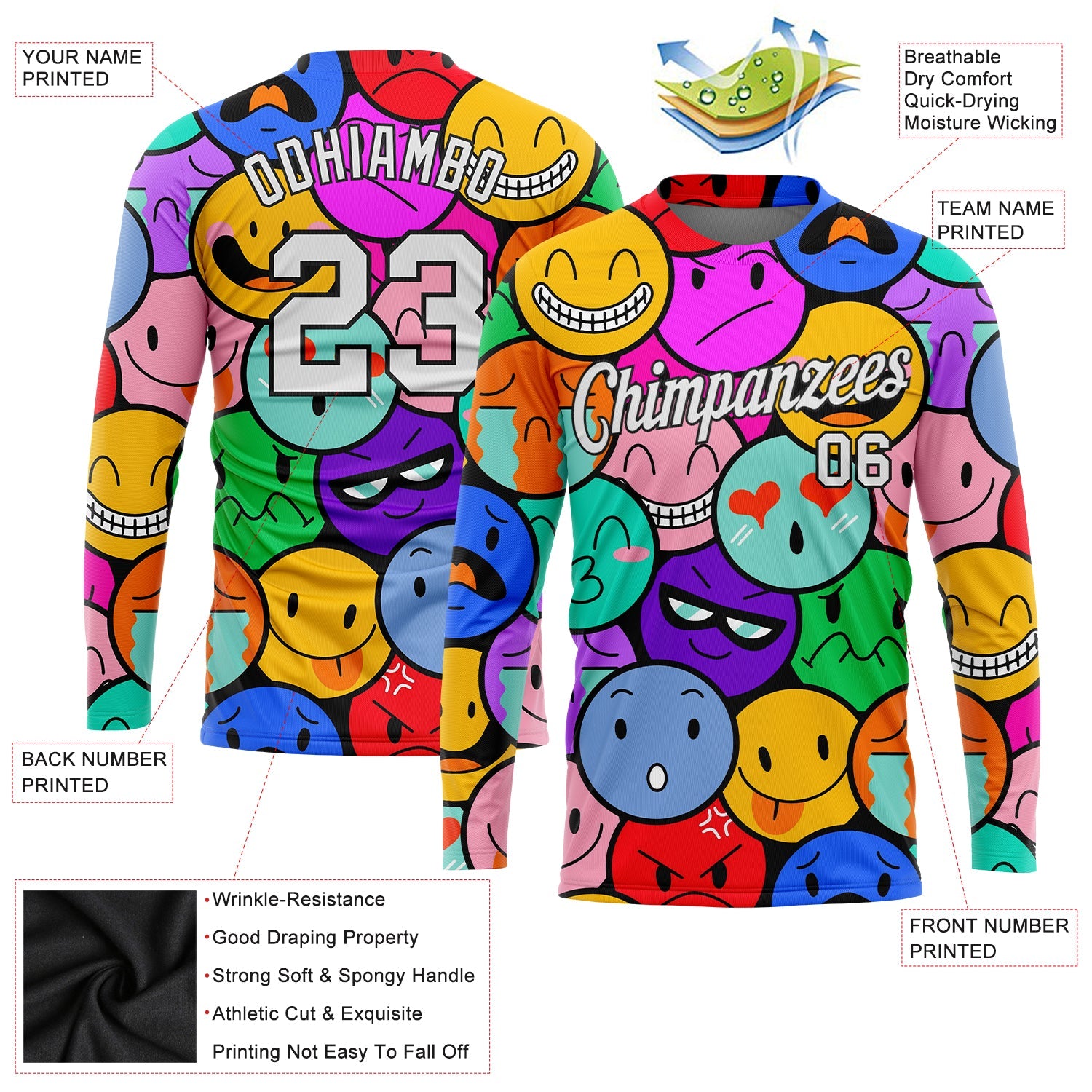 Custom Colorful White-Black Emoji 3D Pattern Long Sleeve Performance T-Shirt view 2