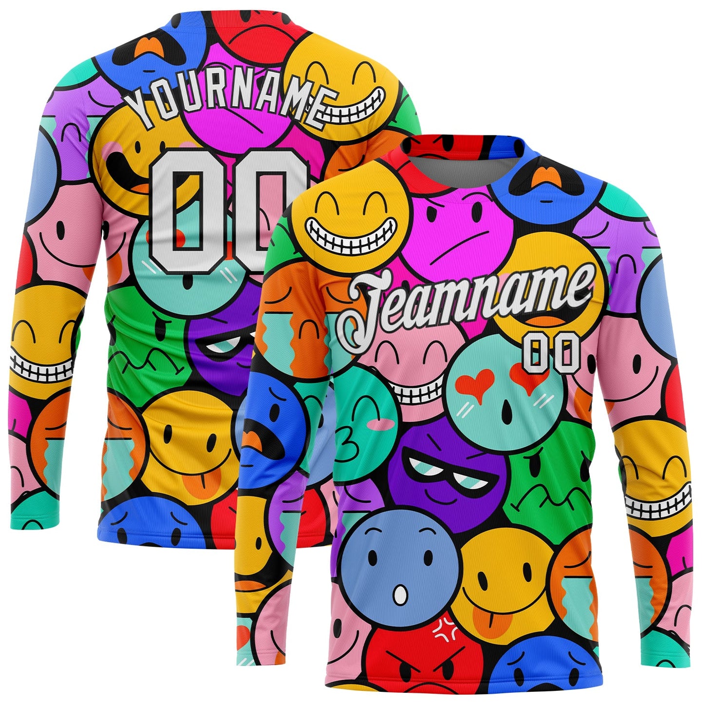Custom Colorful White-Black Emoji 3D Pattern Long Sleeve Performance T-Shirt - Main View