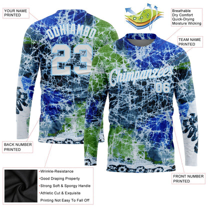 Custom Tie Dye White-Light Blue Abstract Art 3D Long Sleeve Performance T-Shirt view 2