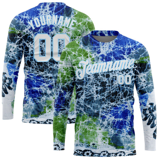 Custom Tie Dye White-Light Blue Abstract Art 3D Long Sleeve Performance T-Shirt - Main View