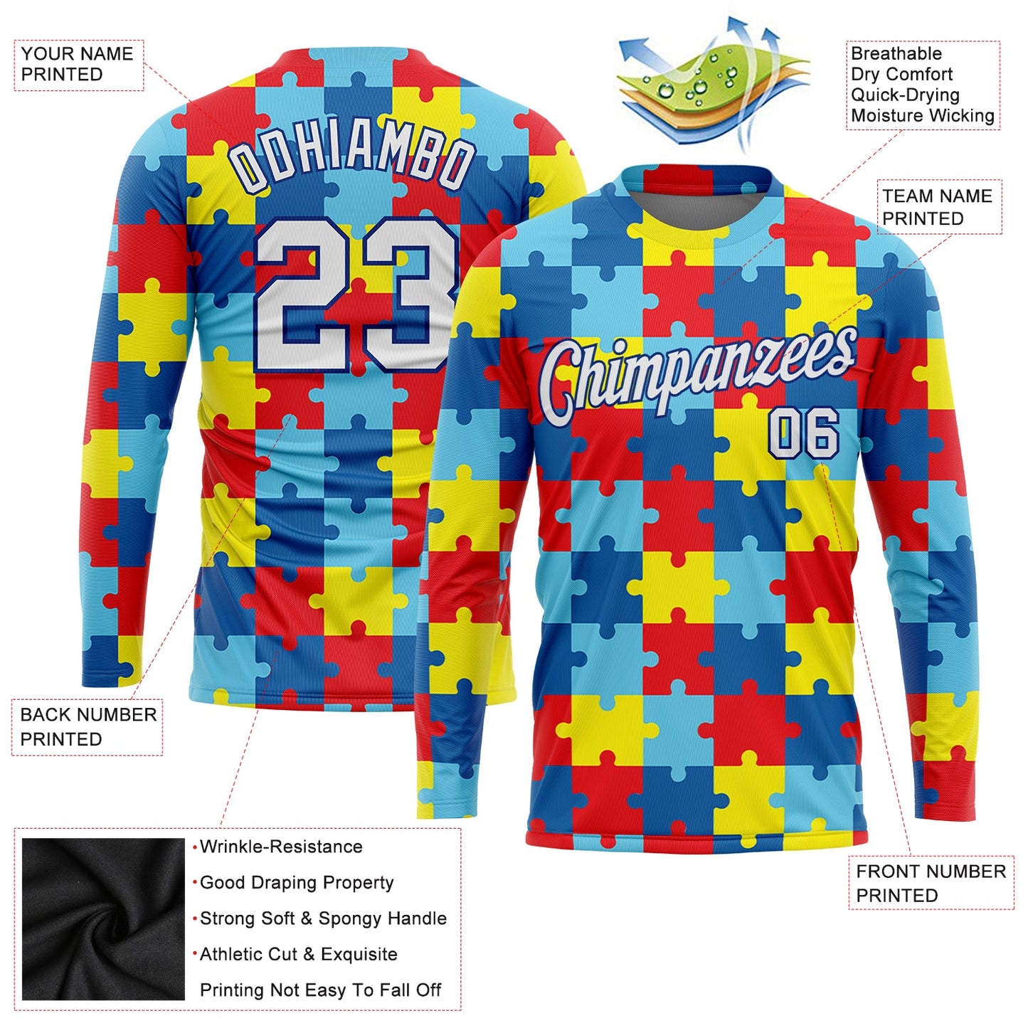Custom Colorful White-Royal Autism Supporter Awareness Puzzle Pieces 3D Pattern Long Sleeve Performance T-Shirt view 2