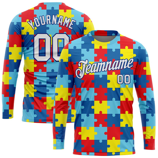 Custom Colorful White-Royal Autism Supporter Awareness Puzzle Pieces 3D Pattern Long Sleeve Performance T-Shirt - Main View
