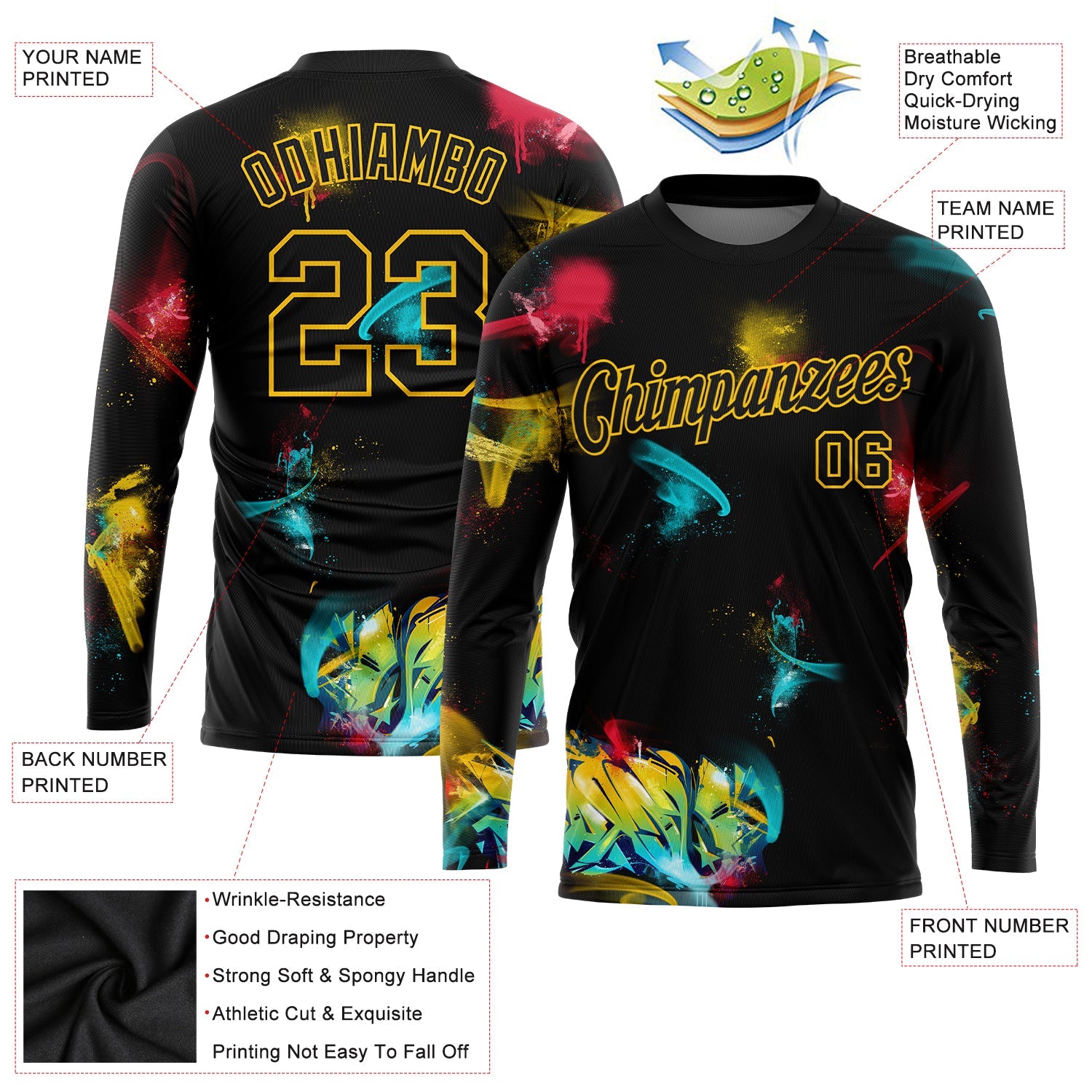 Custom Graffiti Pattern Black-Gold 3D Long Sleeve Performance T-Shirt view 2