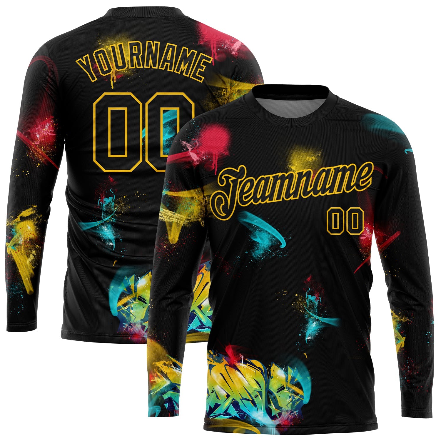 Custom Graffiti Pattern Black-Gold 3D Long Sleeve Performance T-Shirt - Main View