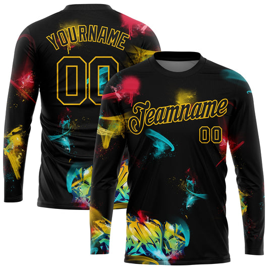 Custom Graffiti Pattern Black-Gold 3D Long Sleeve Performance T-Shirt - Main View