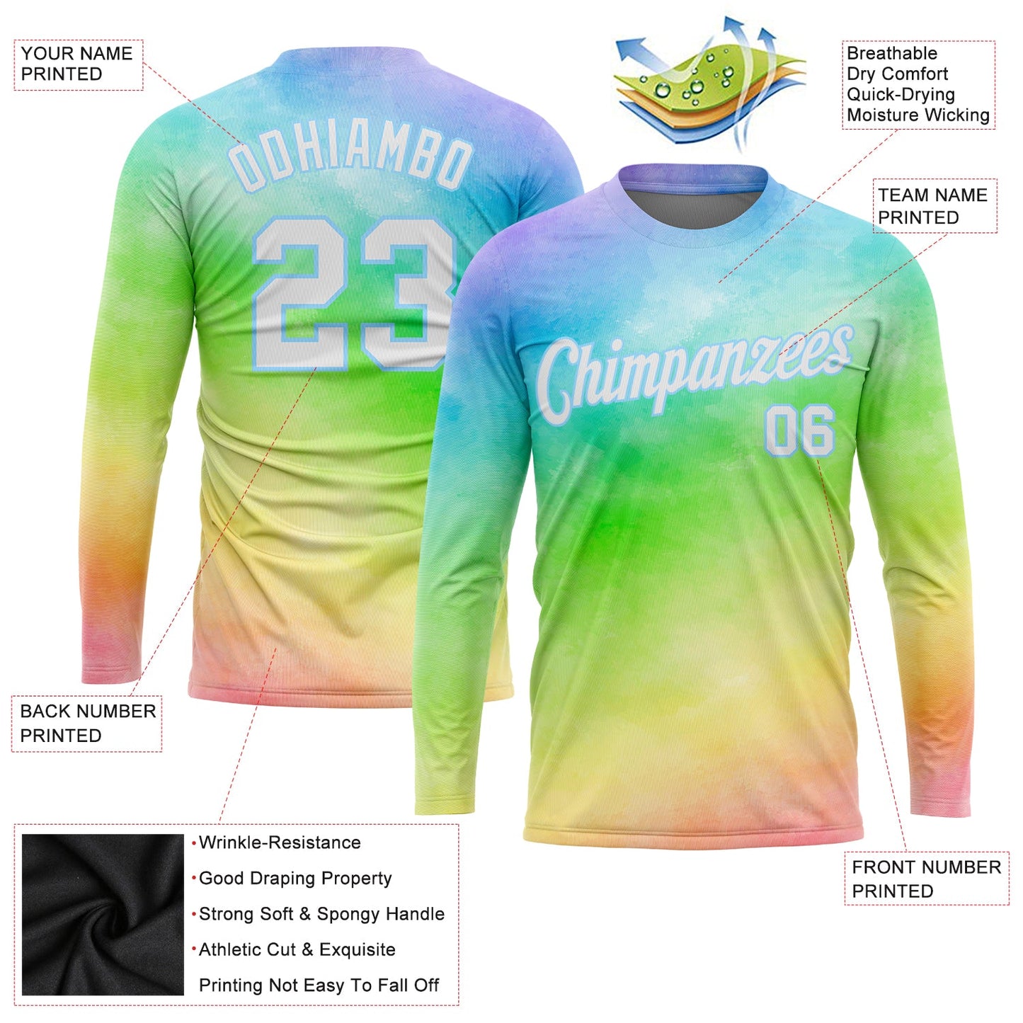 Custom Tie Dye White-Light Blue Rainbow 3D Long Sleeve Performance T-Shirt view 2