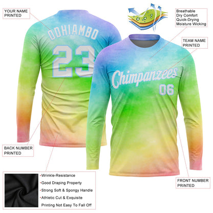 Custom Tie Dye White-Light Blue Rainbow 3D Long Sleeve Performance T-Shirt view 2