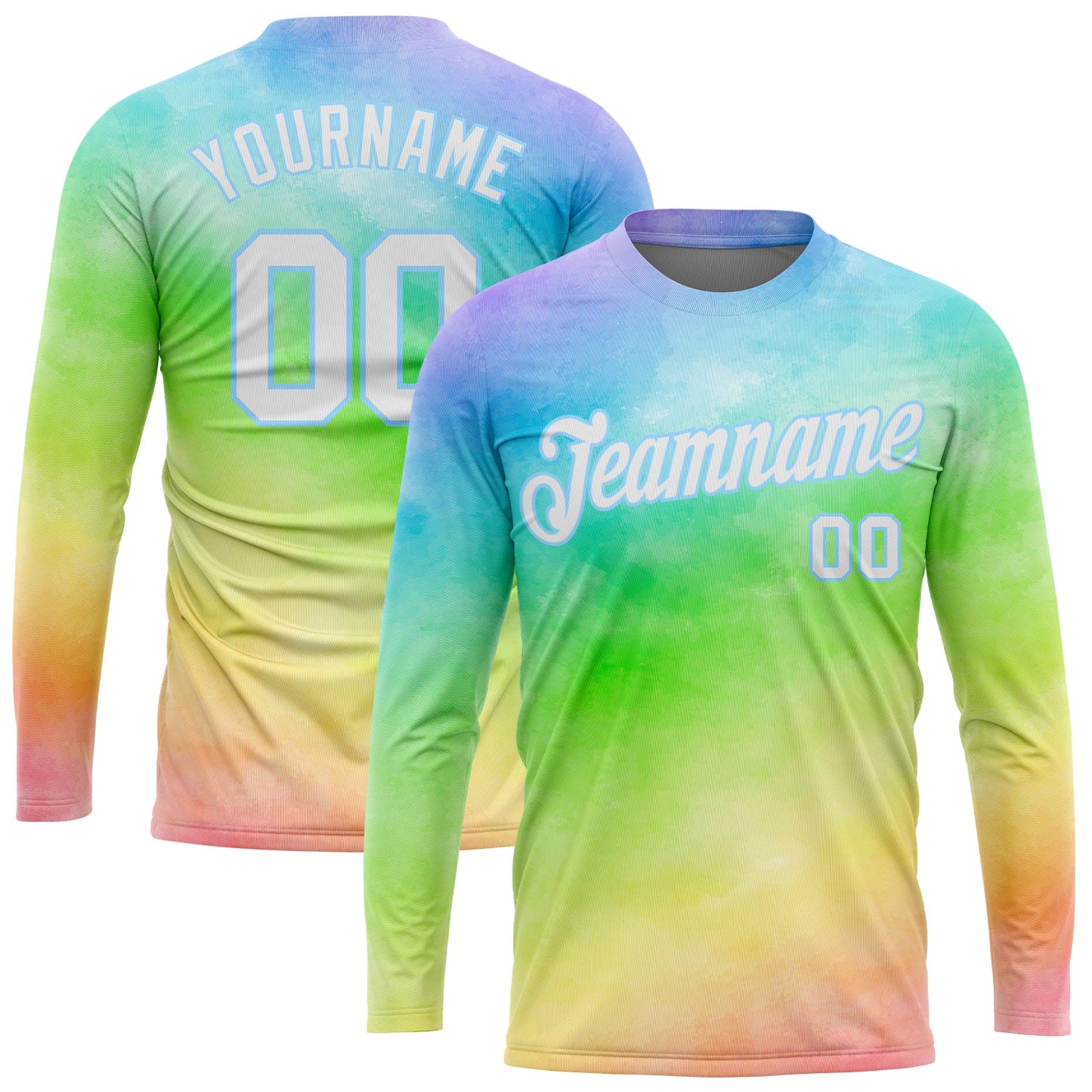Custom Tie Dye White-Light Blue Rainbow 3D Long Sleeve Performance T-Shirt - Main View