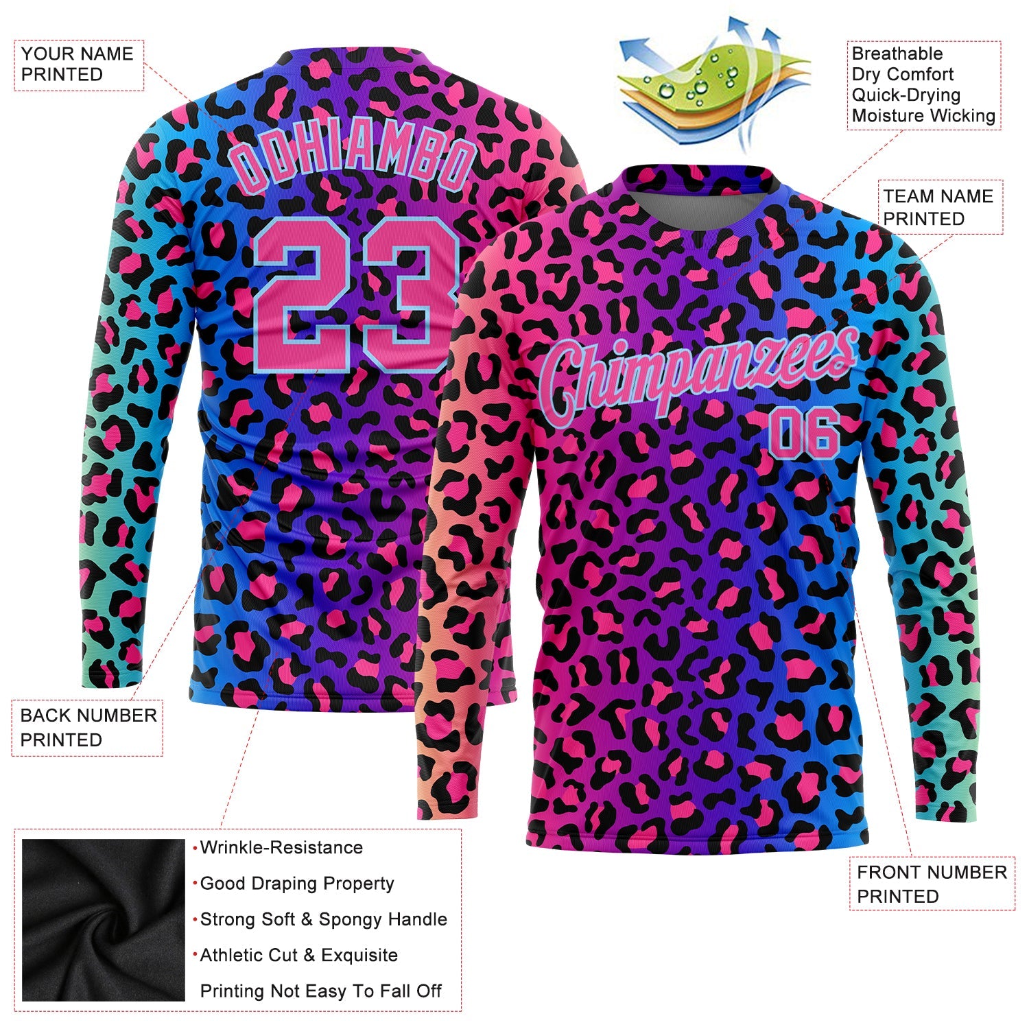 Custom Purple Pink-Light Blue Leopard 3D Pattern Long Sleeve Performance T-Shirt view 2