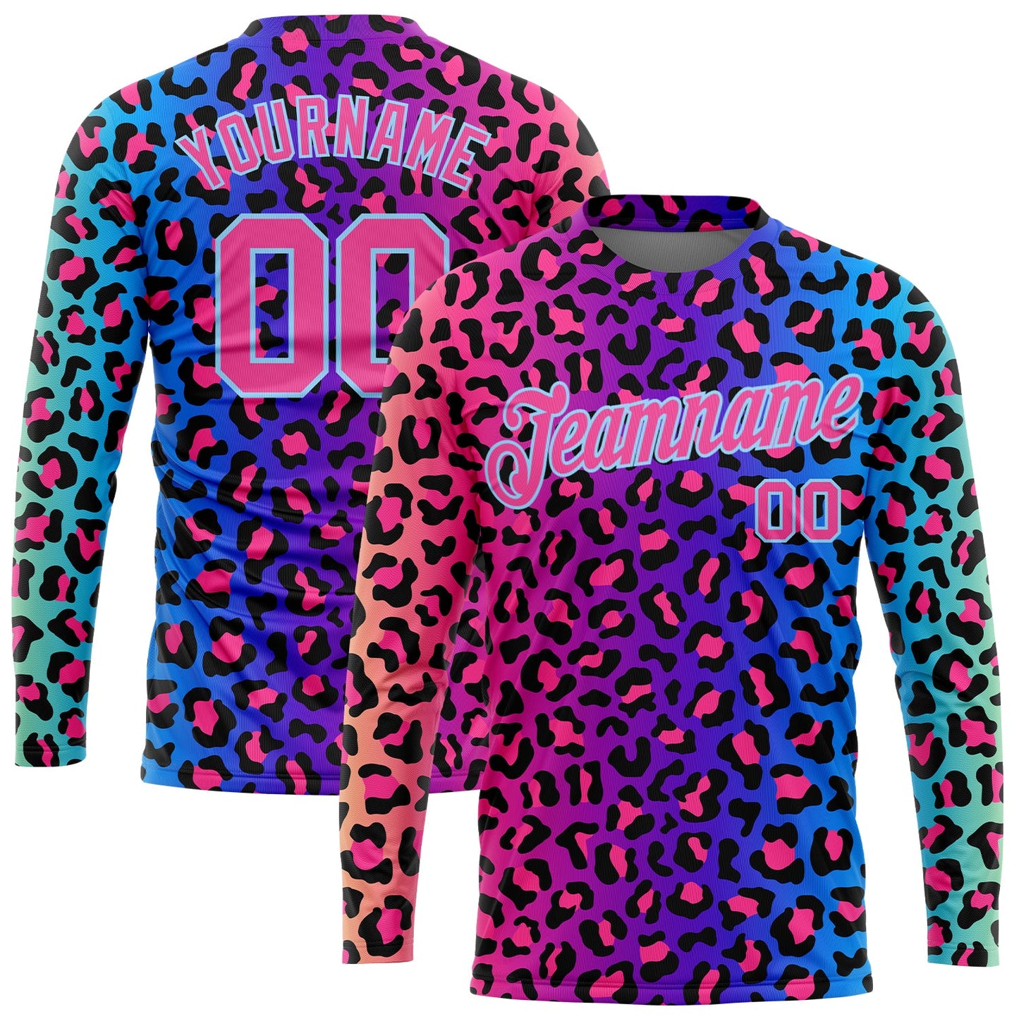 Custom Purple Pink-Light Blue Leopard 3D Pattern Long Sleeve Performance T-Shirt - Main View