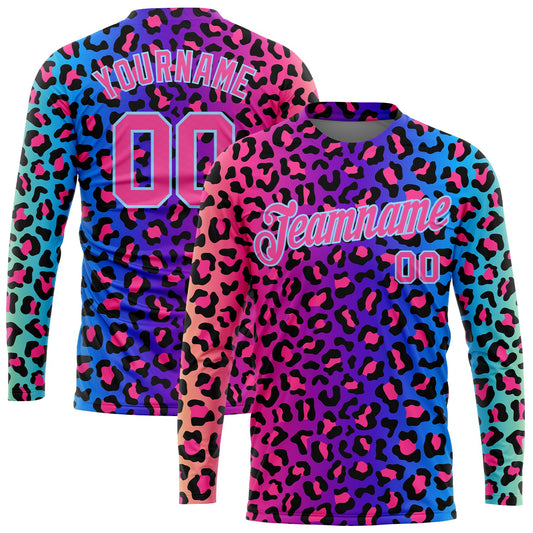 Custom Purple Pink-Light Blue Leopard 3D Pattern Long Sleeve Performance T-Shirt - Main View