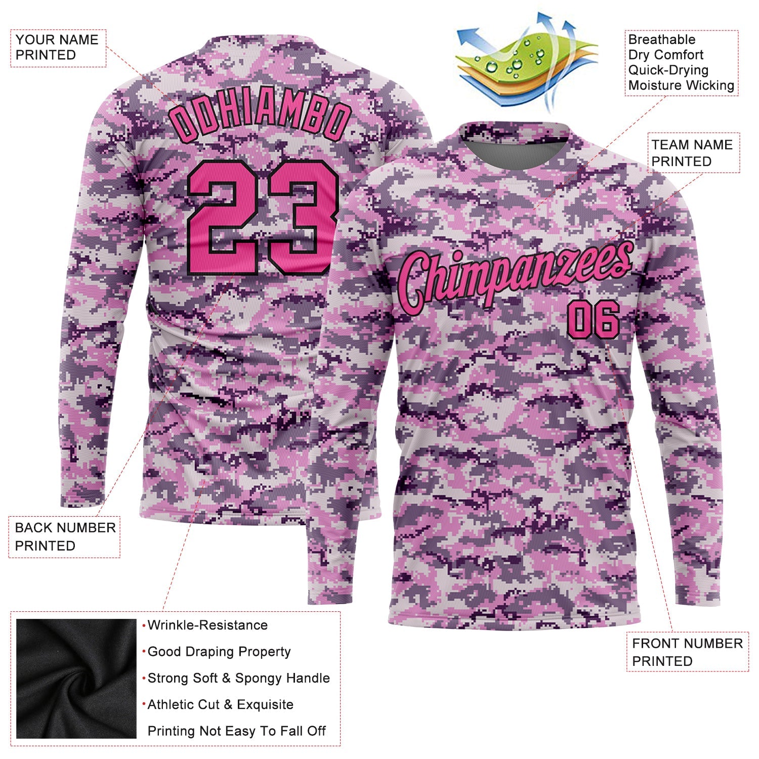 Custom Camo Pink-Black Salute To Service Long Sleeve Performance T-Shirt view 2