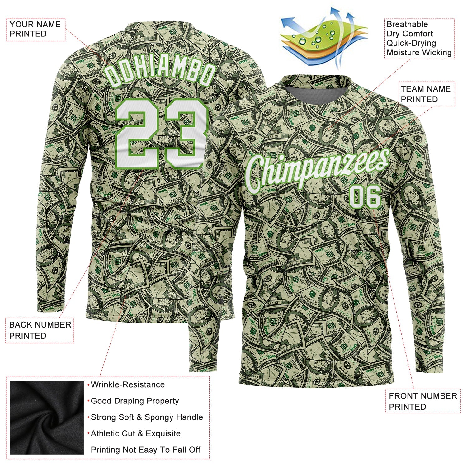 Custom Green White-Neon Green Dollar 3D Pattern Long Sleeve Performance T-Shirt view 2
