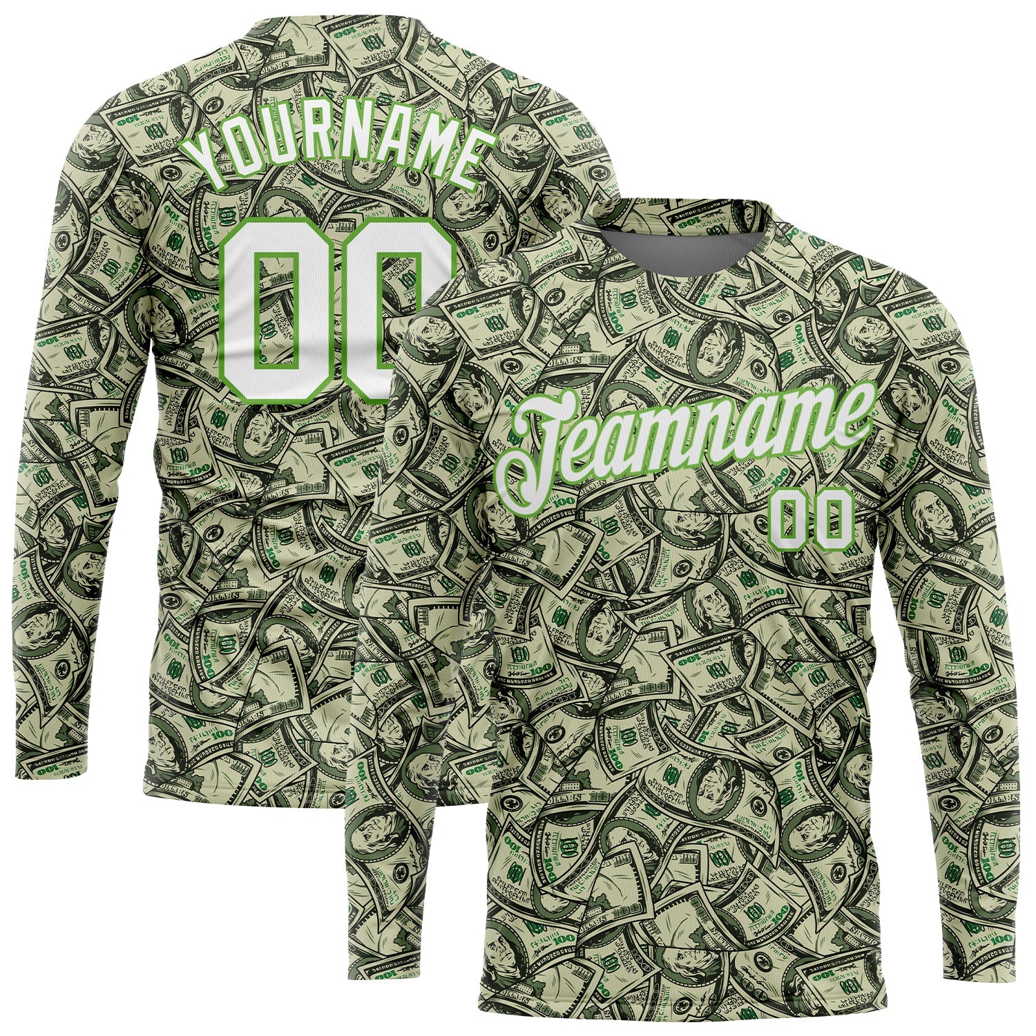 Custom Green White-Neon Green Dollar 3D Pattern Long Sleeve Performance T-Shirt - Main View