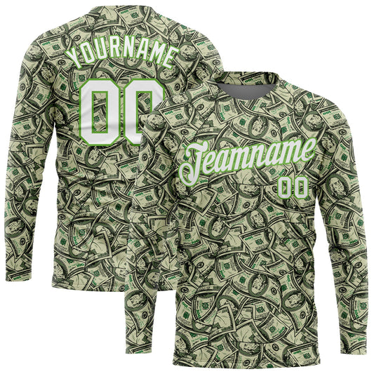 Custom Green White-Neon Green Dollar 3D Pattern Long Sleeve Performance T-Shirt - Main View