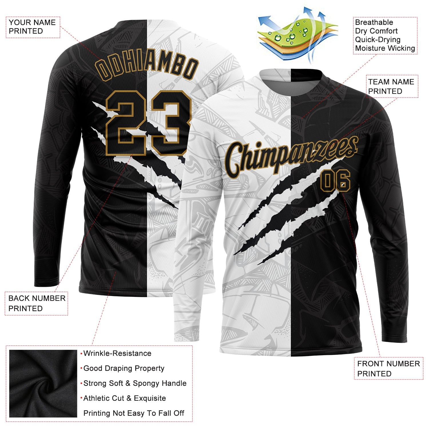 Custom Graffiti Pattern Black-Old Gold Scratch 3D Long Sleeve Performance T-Shirt view 2