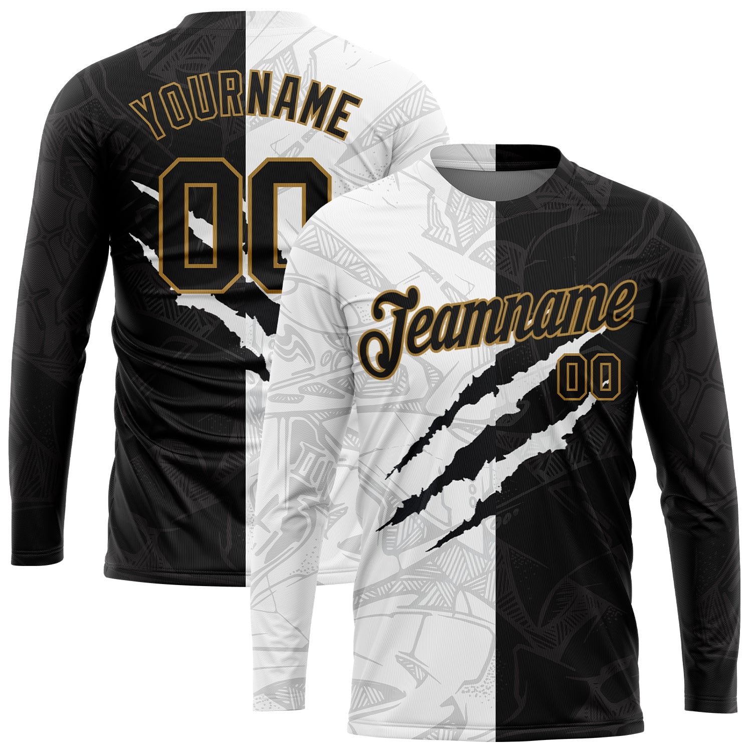 Custom Graffiti Pattern Black-Old Gold Scratch 3D Long Sleeve Performance T-Shirt - Main View