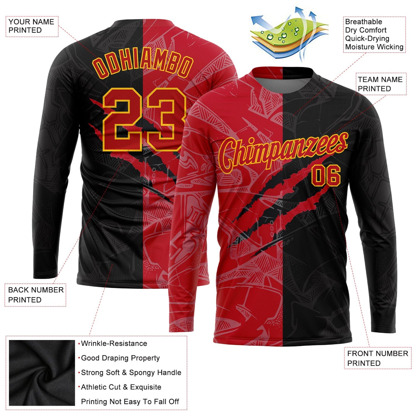 Custom Graffiti Pattern Red-Gold Scratch 3D Long Sleeve Performance T-Shirt view 2