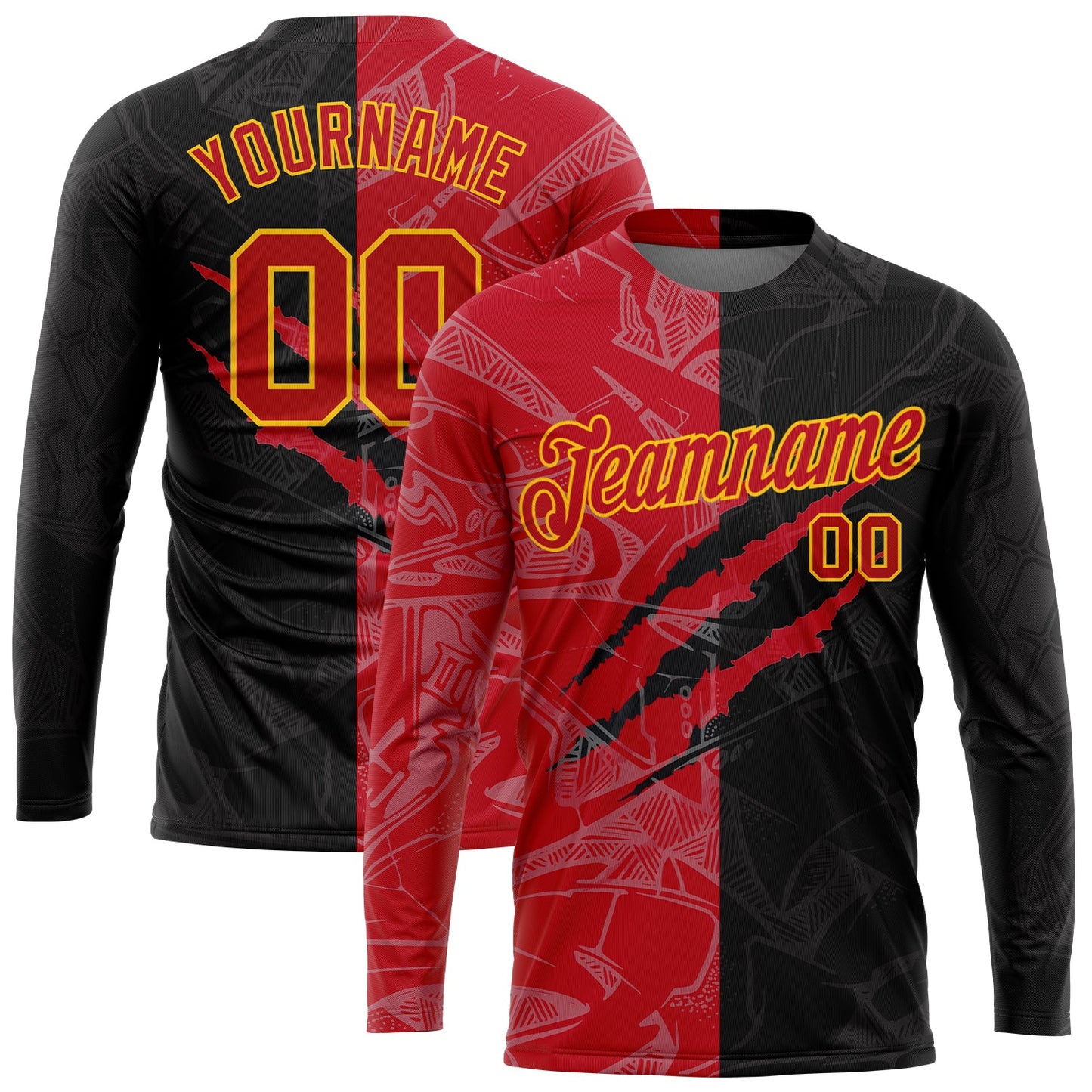 Custom Graffiti Pattern Red-Gold Scratch 3D Long Sleeve Performance T-Shirt - Main View