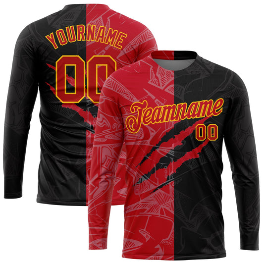 Custom Graffiti Pattern Red-Gold Scratch 3D Long Sleeve Performance T-Shirt - Main View
