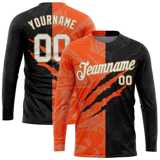 Custom Graffiti Pattern White-Old Gold Scratch 3D Long Sleeve Performance T-Shirt - Main View