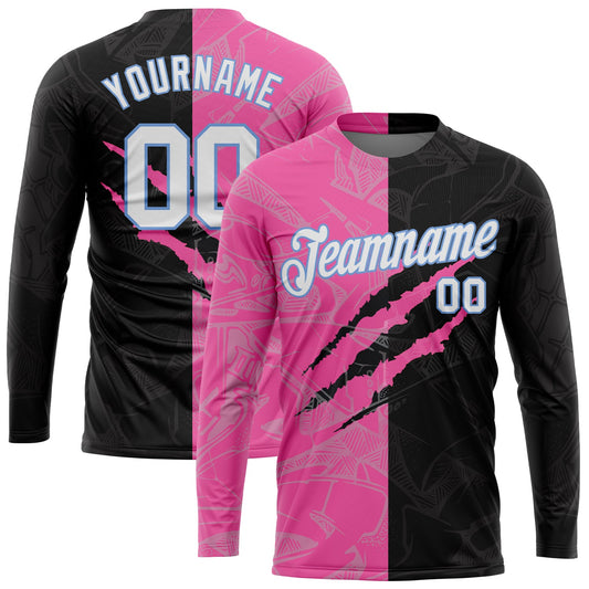 Custom Graffiti Pattern White-Light Blue Scratch 3D Long Sleeve Performance T-Shirt - Main View