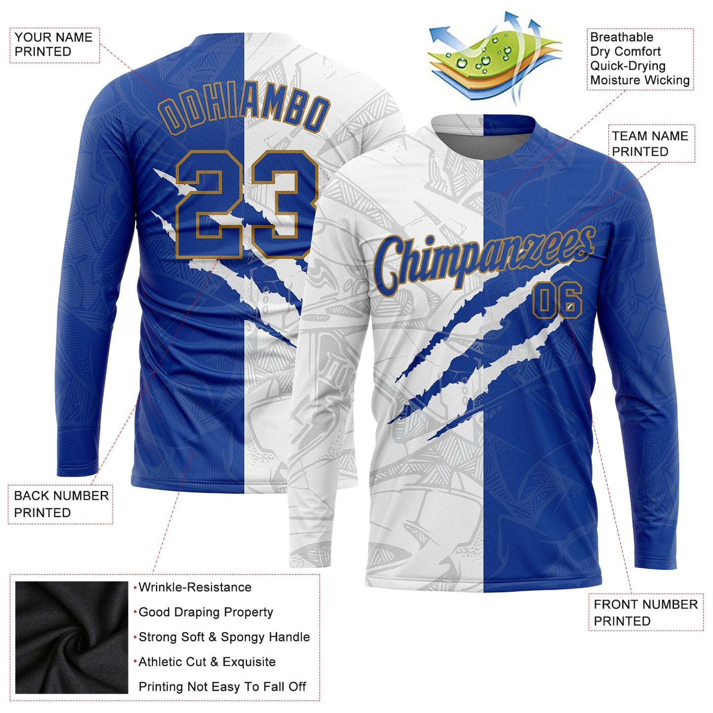 Custom Graffiti Pattern Royal-Old Gold Scratch 3D Long Sleeve Performance T-Shirt view 2