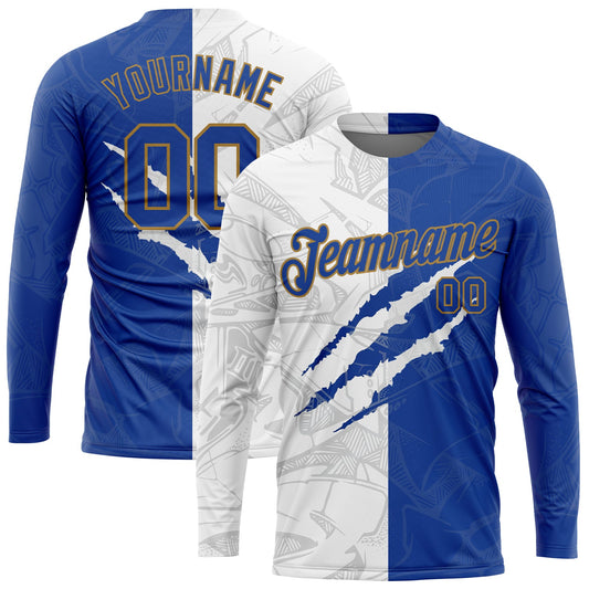 Custom Graffiti Pattern Royal-Old Gold Scratch 3D Long Sleeve Performance T-Shirt - Main View