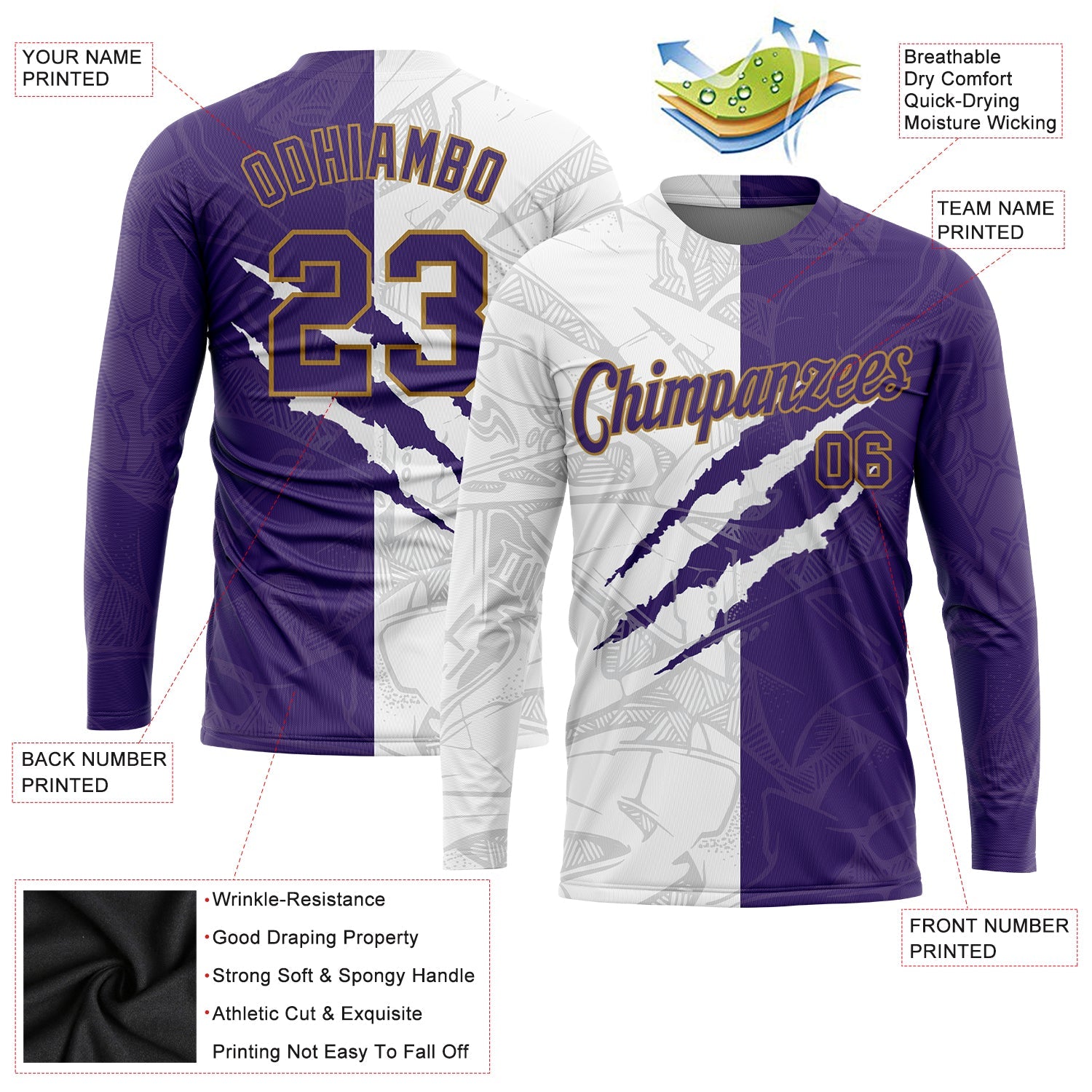 Custom Graffiti Pattern Purple-Old Gold Scratch 3D Long Sleeve Performance T-Shirt view 2