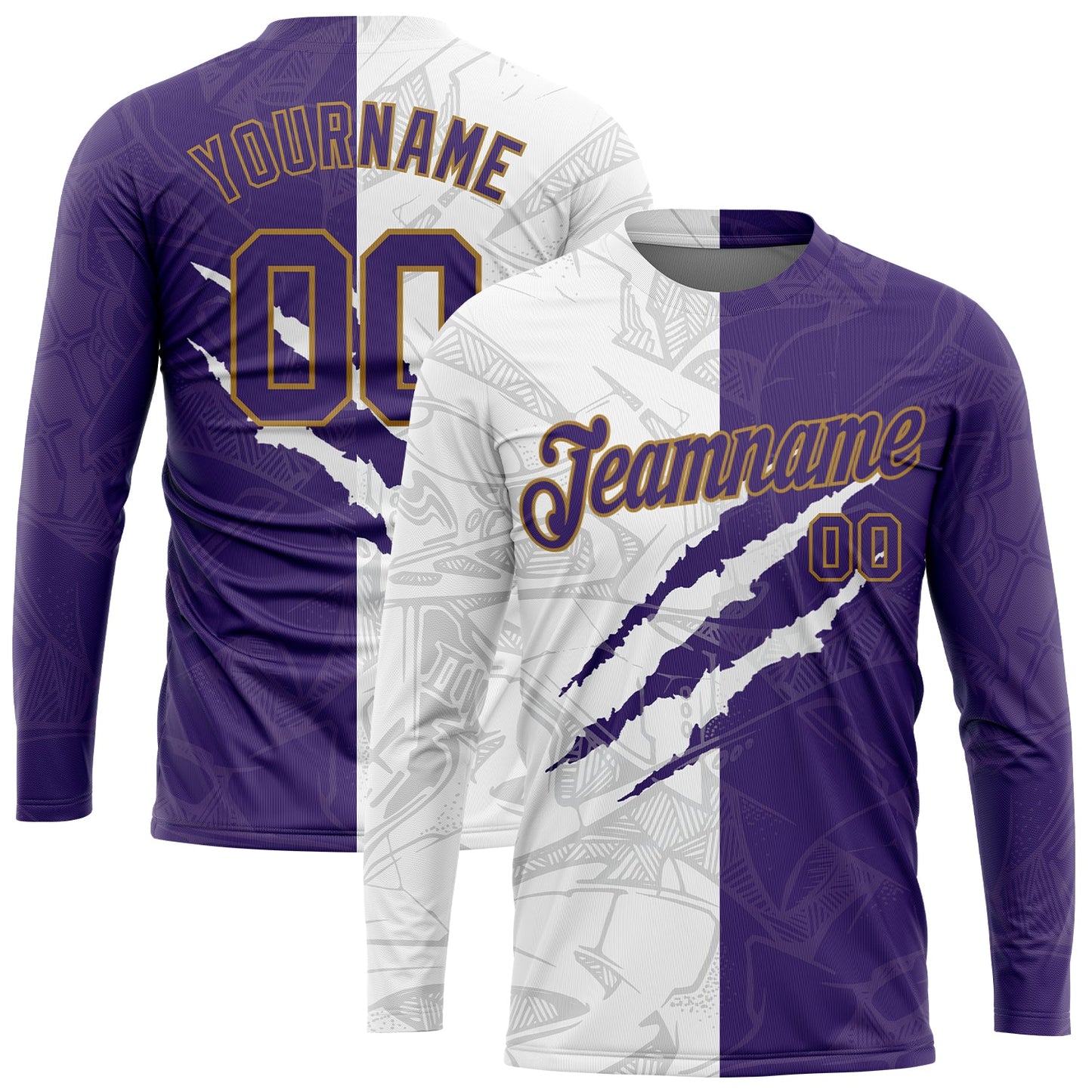 Custom Graffiti Pattern Purple-Old Gold Scratch 3D Long Sleeve Performance T-Shirt - Main View