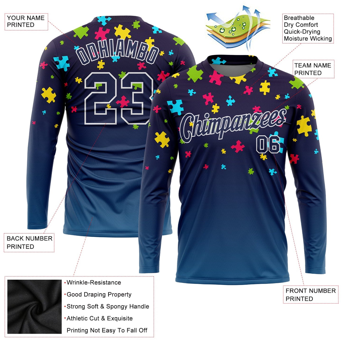 Custom Navy Navy-White Autism Supporter Awareness Puzzle Pieces 3D Pattern Long Sleeve Performance T-Shirt view 2