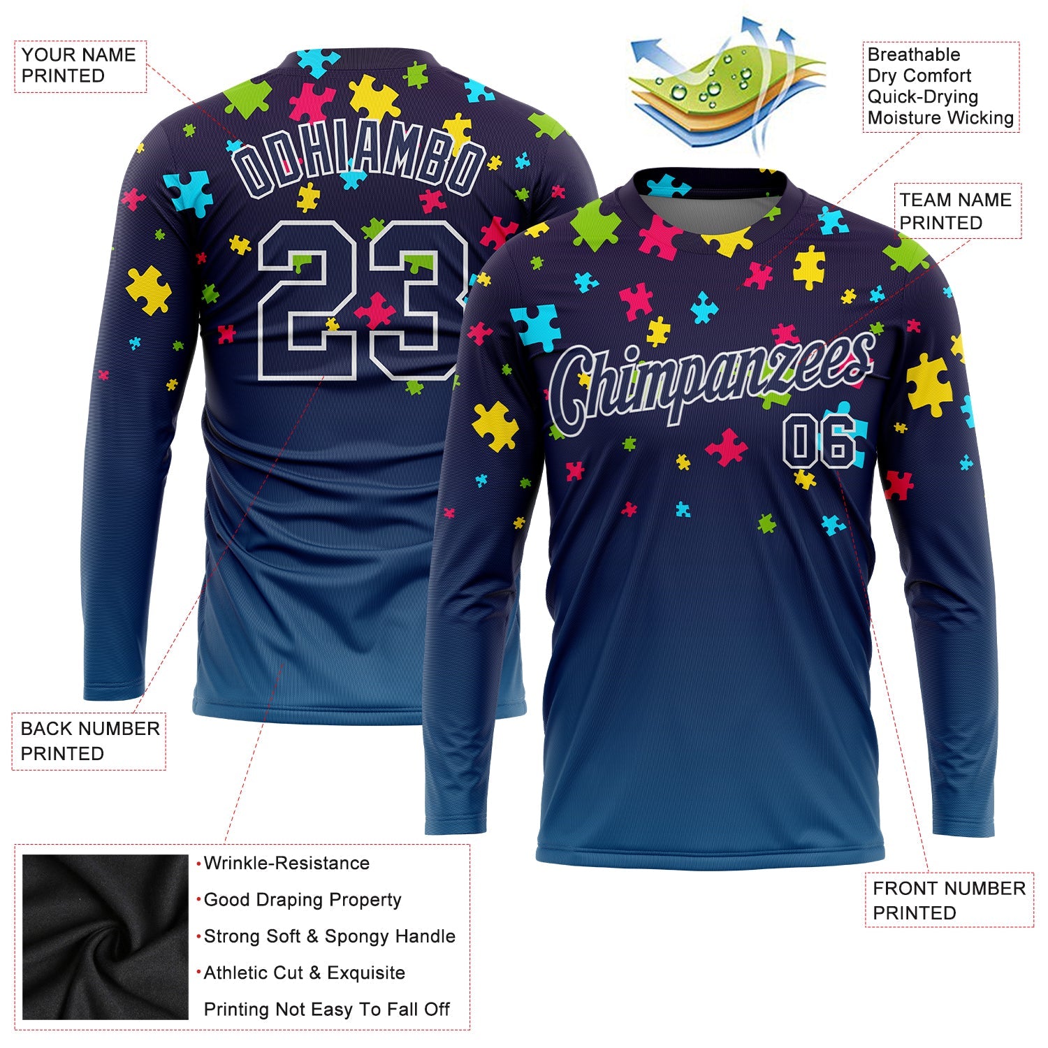 Custom Navy Navy-White Autism Supporter Awareness Puzzle Pieces 3D Pattern Long Sleeve Performance T-Shirt view 2