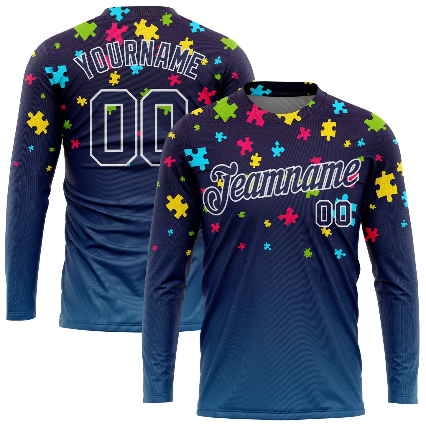 Custom Navy Navy-White Autism Supporter Awareness Puzzle Pieces 3D Pattern Long Sleeve Performance T-Shirt - Main View
