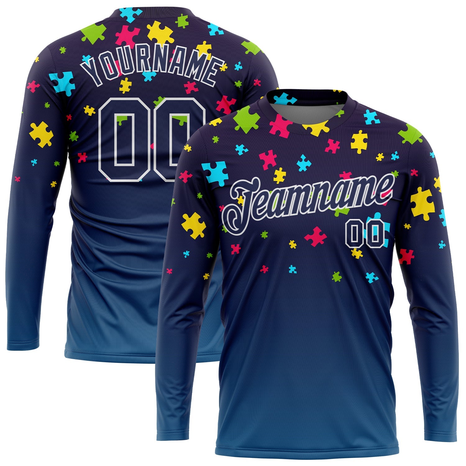 Custom Navy Navy-White Autism Supporter Awareness Puzzle Pieces 3D Pattern Long Sleeve Performance T-Shirt - Main View