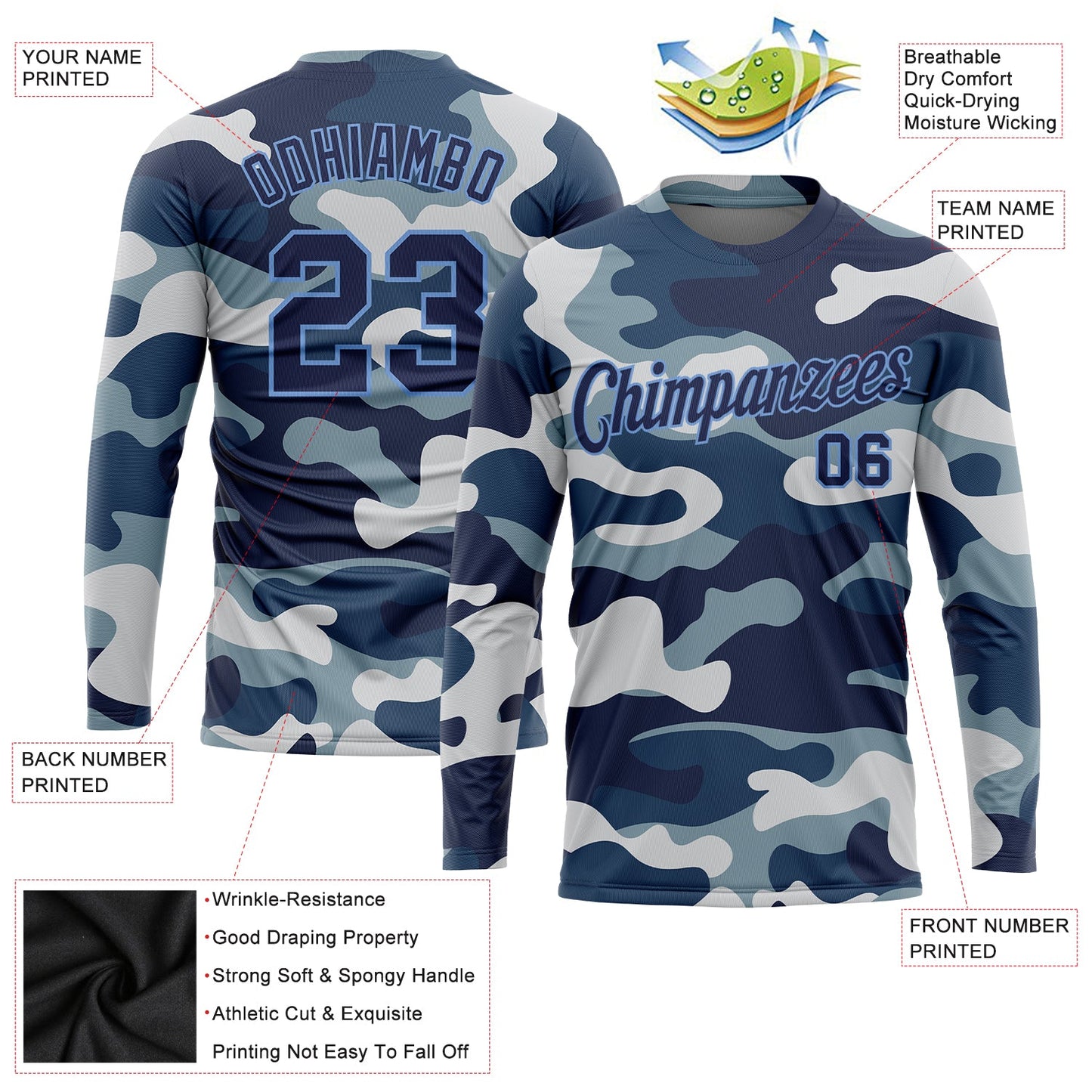 Custom Camo Navy-Light Blue Salute To Service Long Sleeve Performance T-Shirt view 2