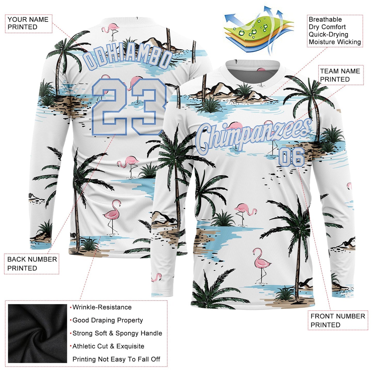 Custom White White-Light Blue Hawaii Palm Trees 3D Pattern Long Sleeve Performance T-Shirt view 2