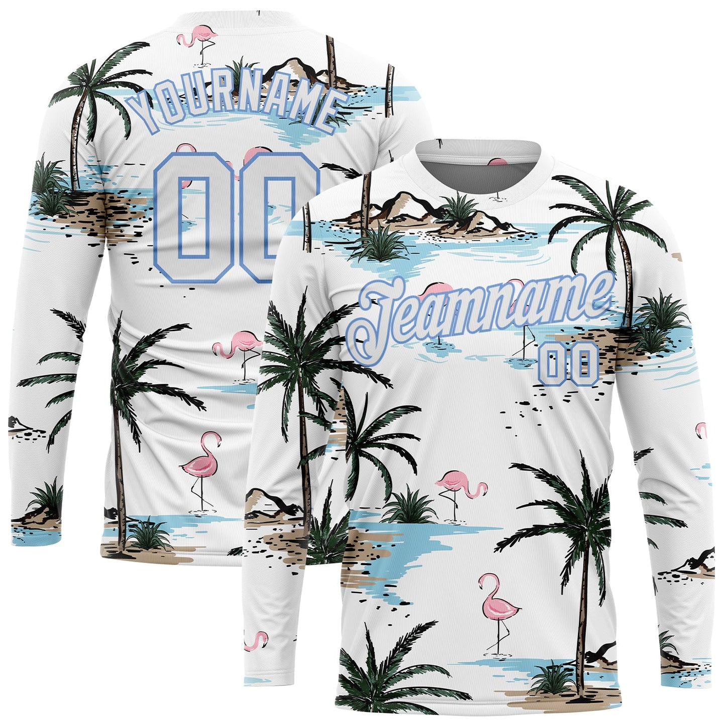 Custom White White-Light Blue Hawaii Palm Trees 3D Pattern Long Sleeve Performance T-Shirt - Main View