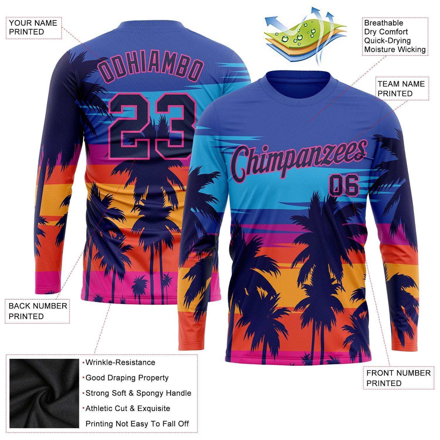 Custom Royal Navy-Pink Hawaii Palm Trees 3D Pattern Long Sleeve Performance T-Shirt view 2