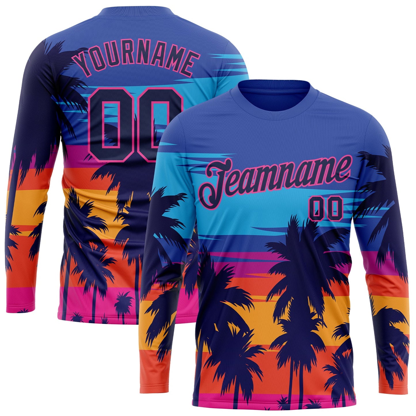 Custom Royal Navy-Pink Hawaii Palm Trees 3D Pattern Long Sleeve Performance T-Shirt - Main View